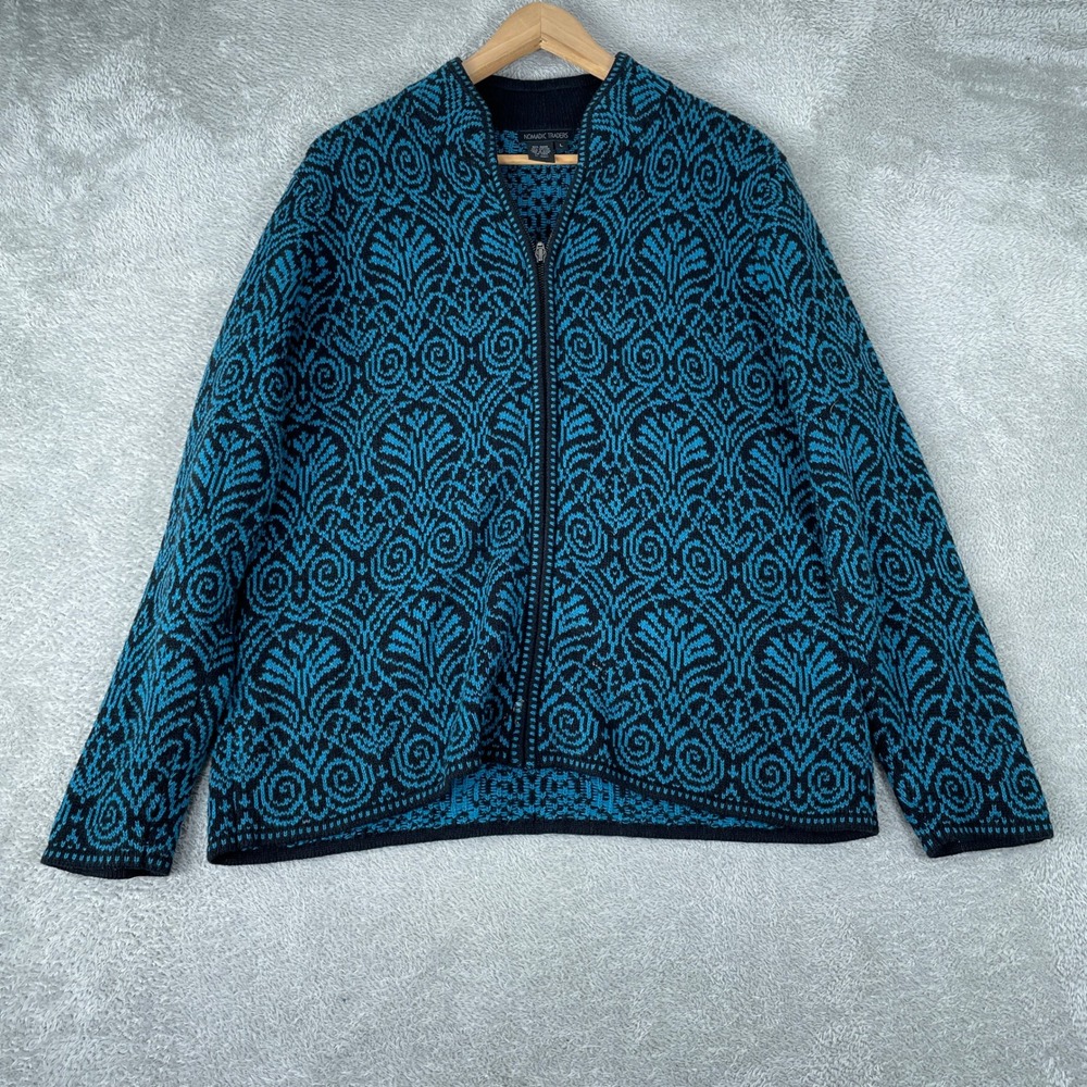 Nomadic Traders Cardigan Womens Large Teal Black Damask Whimsygoth Boho Knit